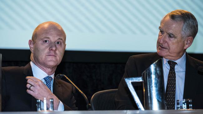 Ian Narev (left) and David Turner current Chairman chat at Commonwealth Bank's AGM in Perth today. Picture: AAP.