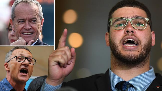 Greens senators Jordon Steele-John (right), Richard di Natale (bottom left) and Opposition Leader Bill Shorten.