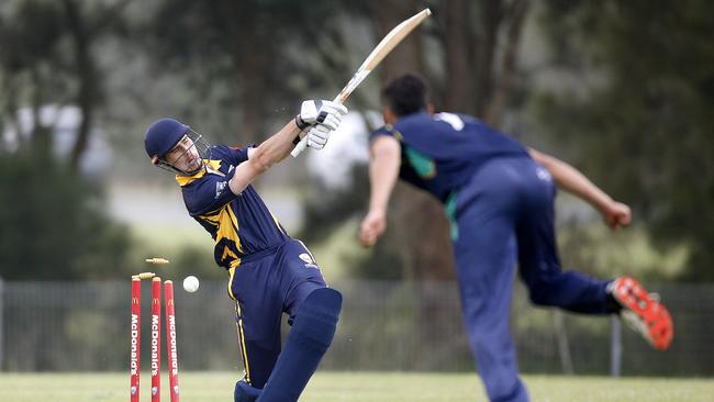 Daniel Thompson Central Coast bowled by Riverina’s Pat Lavis. Picture: John Appleyard