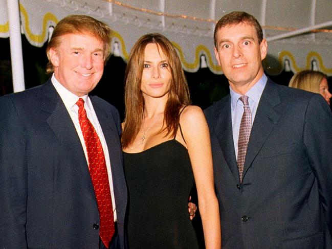 Donald Trump with then girlfriend Melania Knauss with Prince Andrew at Mar-a-Lago, where Ms Giuffre says she worked as a teen, in February 2000. Picture: Davidoff Studios/Getty Images