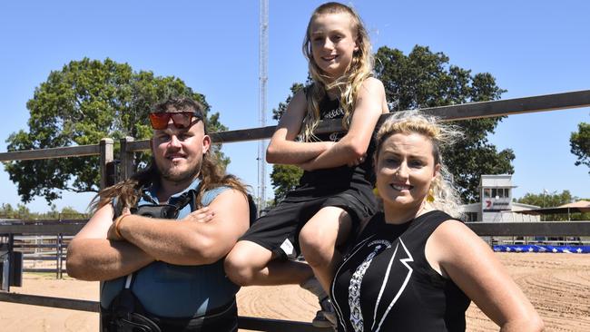 Kieryn Johnston, Laura Johnson, and Max Johnson preparing for Mulletfest at the 2024 NT Rock n Rodeo Muster. Picture: George Yankovich