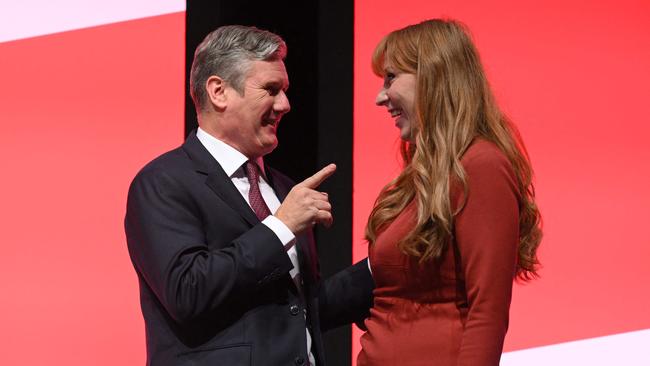 Labour Party leader Keir Starmer with deputy leader Angela Rayner on stage at the Labour Party conference in Liverpool. Picture: AFP.