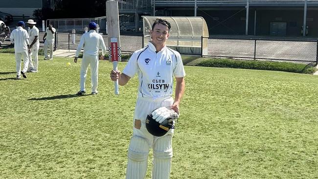 Brodie Richardson raises the bat after 103 not out in his side’s upset of Noble Park. Picture: Bayswater CC