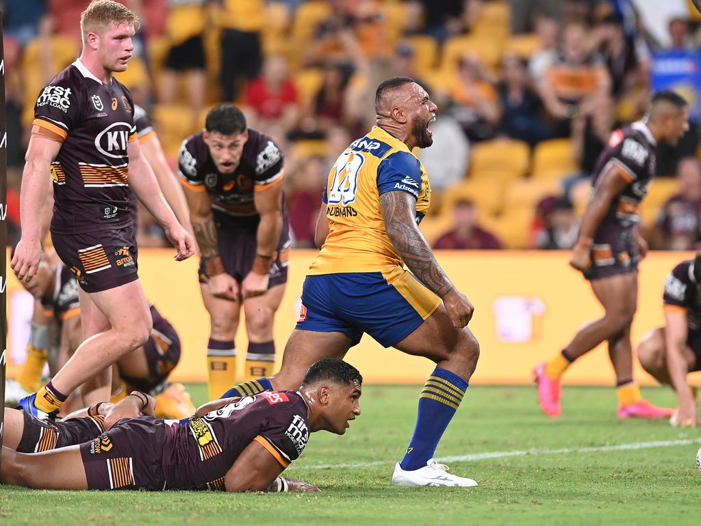 Junior Paulo of the Eels celebrates his try.