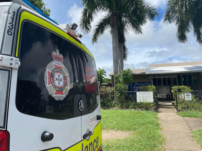 Police and ambulance vehicles outside Bluewater State School after multiple children were rushed to hospital after eating 'lollies' on a school bus on March 9, 2023. Picture: Daneka Hill