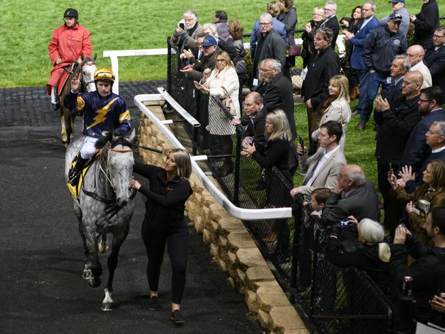 Well done, champ: Outgoing Chautauqua receives a huge applause after failing to jump in a barrier trial.