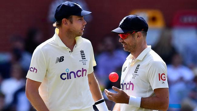 Broad, left, and Jimmy Anderson in Adelaide. Picture: William WEST/AFP