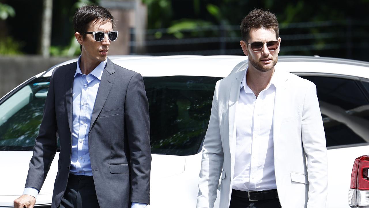 Former boyfriend of Toyah Cordingley Marco Heidenreich (left) and friend Joel Cuman leave the Cairns Supreme Court on the first day of the pre-trial hearing for Rajwinder Singh, who is charged with the murder of 24-year-old Toyah Cordingley on Wangetti Beach on October 21, 2018. Picture: Brendan Radke