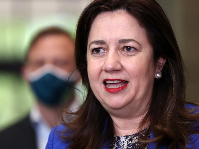 Premier Annastacia Palaszczuk during a press conference at the COVID-19 vaccination hub at Brisbane Convention and Exhibition Centre. Pics Tara Croser.