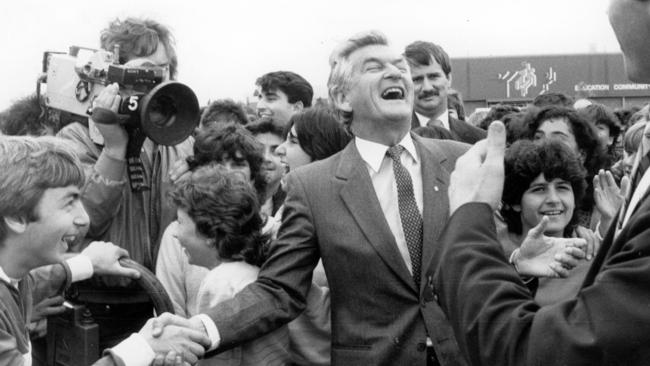 Former prime minister Bob Hawke connects with young people while campaigning in Coburg in 1984.