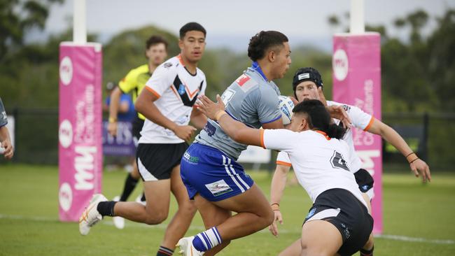 William Sudewa in action for the North Coast Bulldogs against the Macarthur Wests Tigers during round two of the Andrew Johns Cup at Kirkham Oval, Camden, 10 February 2024. Picture: Warren Gannon Photography