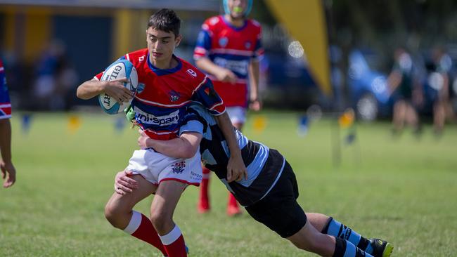 Under-14 and Under-15 finals of the King of the Country rugby union tournament at Gold Coast Eagles Rugby Union Club on Sunday 10 April 2022. Under 14's playing for 3rd place, Bond Pirates (Red) vs Maroochydore Swans. Picture: Jerad Williams