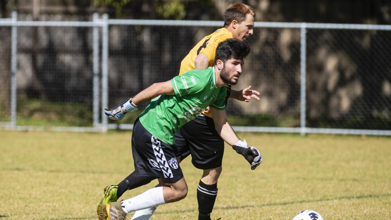 Willowburn goal keeper Musafer Alhavdo (left) and James Collyer of Dalby Tigers against in Div 2 Men FQ Darling Downs Presidents Cup football at West Wanderers, Sunday, July 24, 2022. Picture: Kevin Farmer