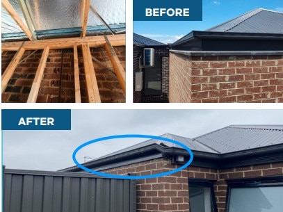 A VBA proactive inspection build found timber and expanded polystyrene (EPS) cladding boundaries that were not protected with fire resisting material at this home. Additionally, the brick veneer fire resisting walls, constructed within 900mm of the property boundaries, terminated 300mm from the underside of the non-combustible roof covering. Picture: Supplied/VBA.