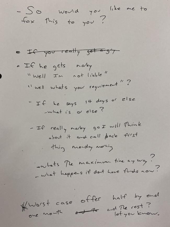 Handwritten notes tendered during the ATO tax fraud case of Todd Ryan and Amy Hill.