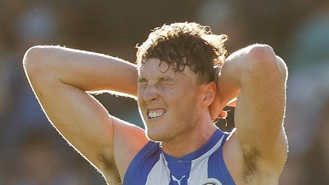 PERTH, AUSTRALIA - MARCH 01: Nick Larkey of the Kangaroos reacts after the loss during the 2025 AAMI AFL Community Series match between West Coast Eagles and North Melbourne Kangaroos at Hands Oval on March 01, 2025 in Bunbury, Australia. (Photo by James Worsfold/Getty Images)