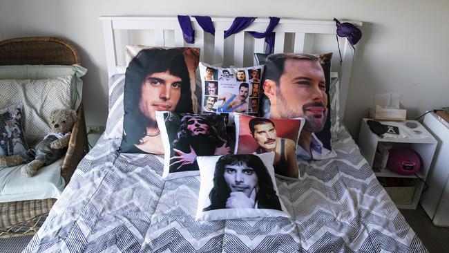 Even Connor’s bed is covered in Freddie Mercury paraphernalia. Picture: Mark Cranitch.