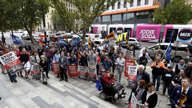 Bus drivers, transport workers and community members rally against the bus route cuts. Picture: Naomi Jellicoe