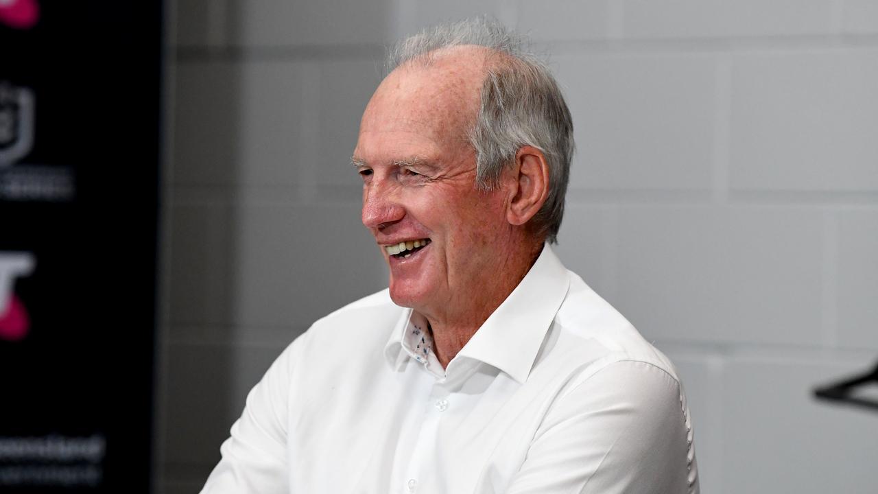 Wayne Bennett has a laugh after South Sydney’s prelim victory. Picture: Bradley Kanaris/Getty