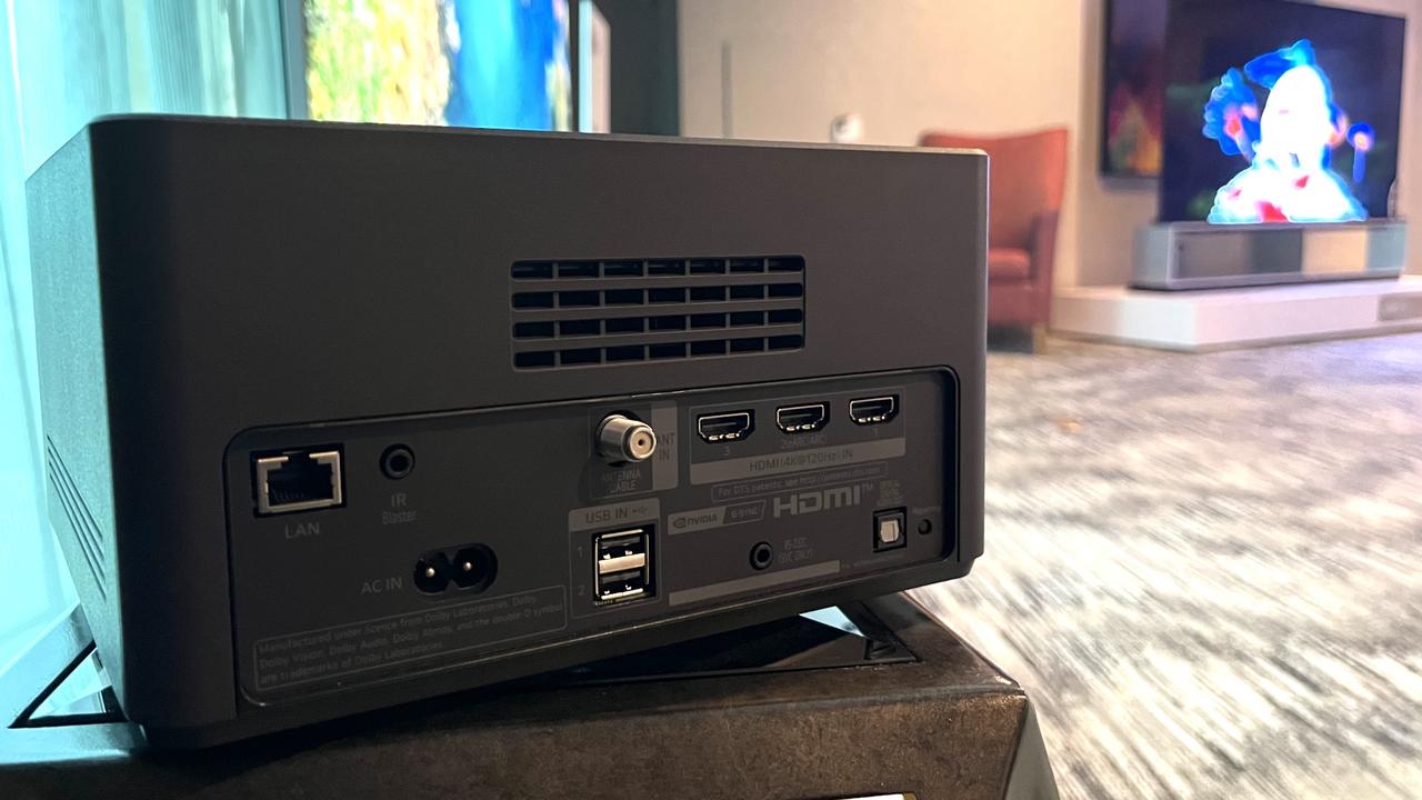 The back of the Zero Connect box from LG. Lots of ports but no wires to the TV which it connects to without cords. Picture: Benedict Brook.