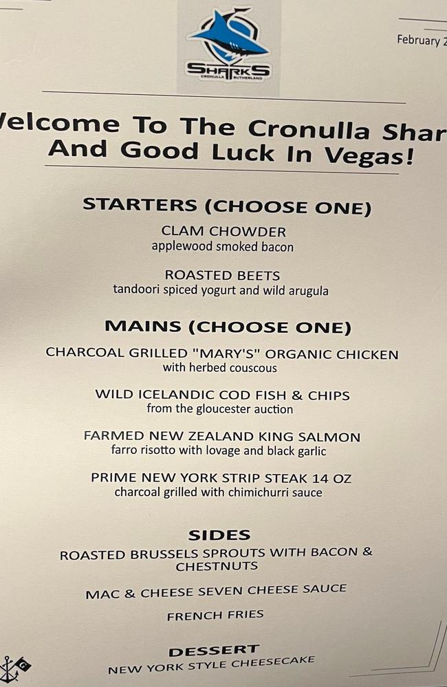 The VIP menu for the Sharks. Picture: Supplied