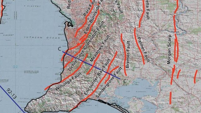 A map showing fault lines near Adelaide. Picture: Dan Clark, Mark Leonard: Geoscience Australia