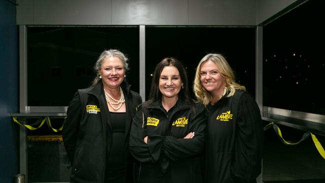 Senator Jacqui Lambie and founder of the Lambie Network, centre, with Bass candidates Angela Armstrong, left, and Rebekah Pentland at an event at the Launceston RSL as the votes are tallied in the 2024 Tasmanian State Election. Picture: Patrick Gee