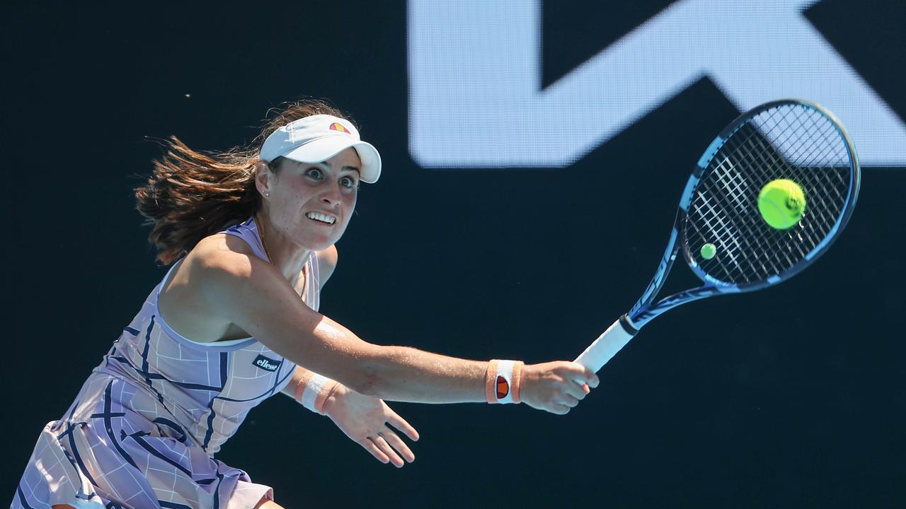 Queensland wildcard Kimberly Birrell in action during her upset 3-6, 7-6, 6-1 victory over seeded Estonian Kaia Kanepi on day two of the Australian Open. Picture: David Caird