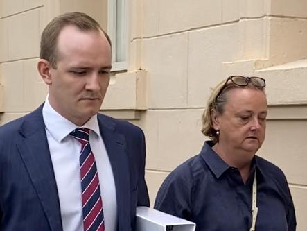 SA Pathology reporting pathologist Dr Caroline Lindsay Smith (left) leaves the coronial inquest into the death of Dennis Jackson with her lawyer, Samuel Potts. Picture: Brinley Duggan