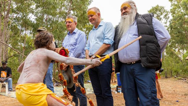 Young Yolngu dancers in front of Prime Minister of Australia Anthony Albanese and Sen Patrick Dodson during the Garma Festival. Picture: Tamati Smith/Getty Images