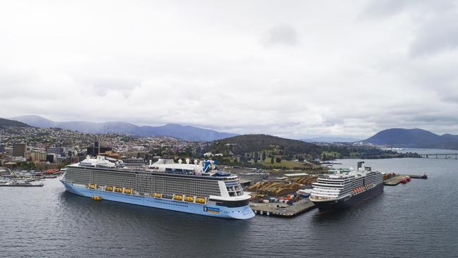 The Ovation Of The Seas and the MS Noordam docked in Hobart together in 2018. 