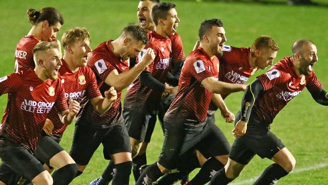 Hume City players celebrate their win.