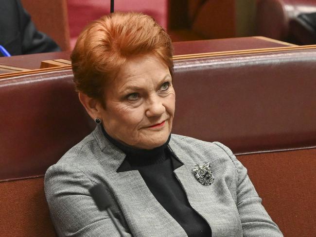 CANBERRA, AUSTRALIA, NewsWire Photos. JUNE 15, 2023: Pauline Hanson watches on as Independent Senator Lidia Thorpe addresses the Senate following her allegation that Liberal Senator David Van sexually assaulted her at Parliament House in Canberra. Picture: NCA NewsWire / Martin Ollman