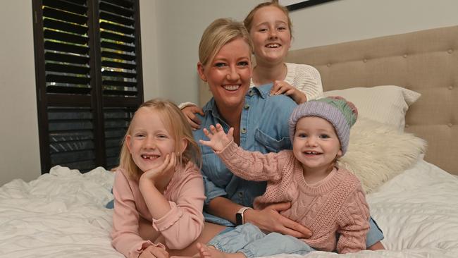 Jodie Oddy at home with daughters Summer, 8, Payton, 9, and 18-month-old Harper. Picture: Keryn Stevens