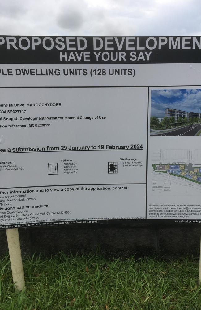 The sign for the proposed development at Sunshine Cove. Picture: Supplied