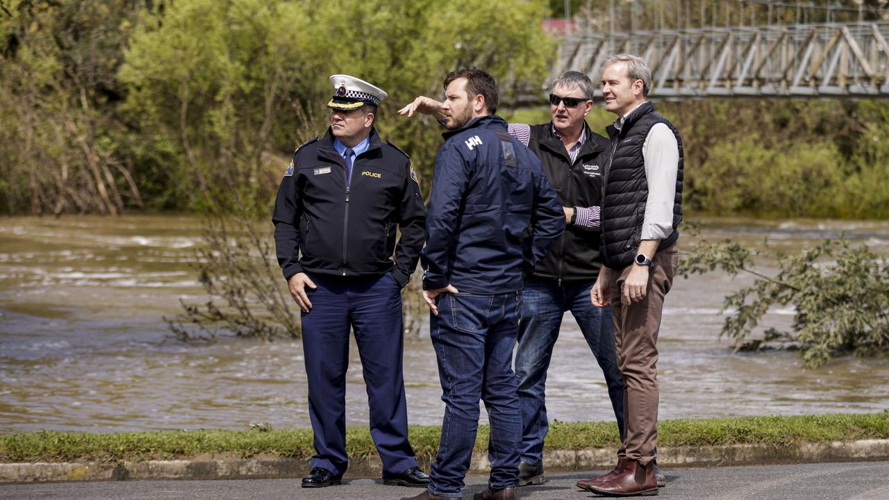 Western District Police Commander Stuart Wilkinson, Minister Felix Ellis, Mayor Wayne Johnston and Acting Premier Michael Ferguson in Deloraine. Saturday October 15th 2022. Picture: Grant Viney