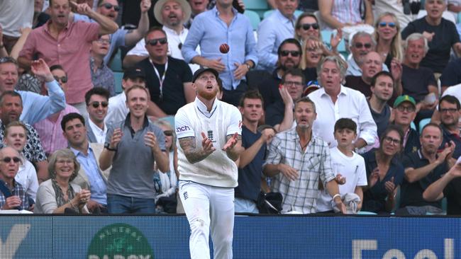 England captain Ben Stokes takes the catch to dismiss Australia batsman Pat Cummins. Picture: Getty Images