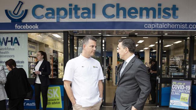 Pharmacy Guild president Trent Twomey and Health Minister Mark Butler. Picture: NCA NewsWire/Gary Ramage