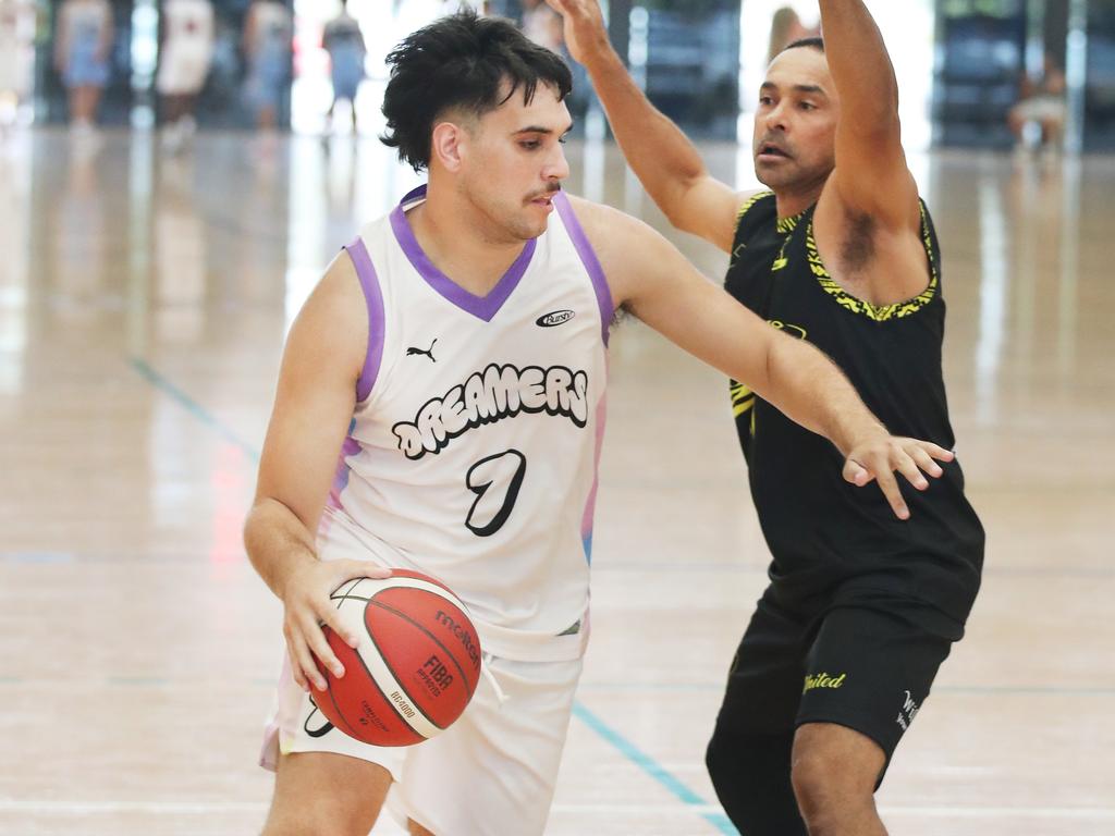 Basketball Queensland First Nations Championships at Coomera. Dreamers (white) v Erub Utd. Picture Glenn Hampson