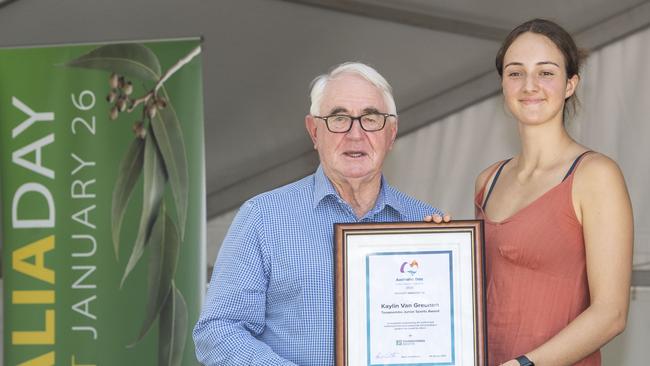 TRC Mayor Paul Antonio and Toowoomba Junior Sports Award winner Kaylin Van Greunen. Australia Day celebrations at Picnic Point in Toowoomba. Thursday, January 26, 2023. Picture: Nev Madsen.