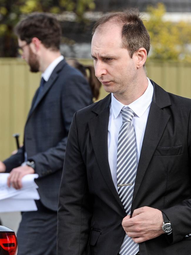 Alexander Campbell, who is charged over the crash that killed Sophia Naismith, during a court visit to the site tragedy on Morphett Rd, Glengowrie. Picture: Brenton Edwards