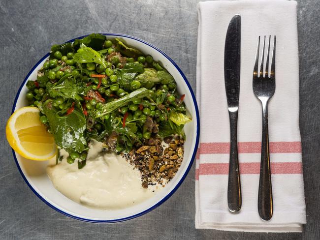 A pea salad with vanilla stracciatella, Turkish mint and pistachio sukkah. Picture: Matthew Vasilescu