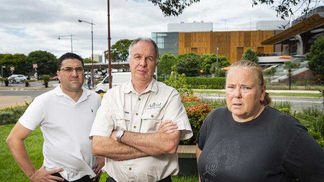 Wanting more support for victims are (from left) Aaron McMahon, Ken Cunliffe and Karynne Paull of Voice of Victims. Representative from this group met with Queensland Premier Annastacia Palaszczuk on Friday. Picture: Kevin Farmer