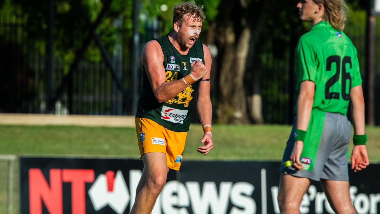 Jackson Calder celebrating a goal for St Mary's against the Tiwi Bombers in Round 6 of the 2024-25 NTFL season. Picture: Pema Tamang Pakhrin