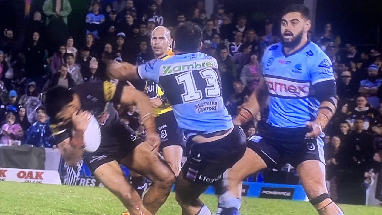 Dale Finucane charged out of the line to crunch Penrith’s Stephen Crichton.