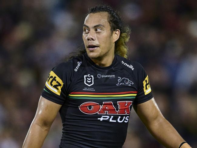 PENRITH, AUSTRALIA - APRIL 08: Jarome Luai of the Panthers looks on during the round six NRL match between Penrith Panthers and Manly Sea Eagles at BlueBet Stadium on April 08, 2023 in Penrith, Australia. (Photo by Brett Hemmings/Getty Images)