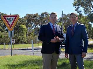 SAFER ROADS: LNP state candidate James Lister and Member for the Southern Downs Lawrence Springborg look forward to improved safety at the southern intersection of the New England Hwy and Stanthorpe Connection Rd. Picture: Samantha Wantling