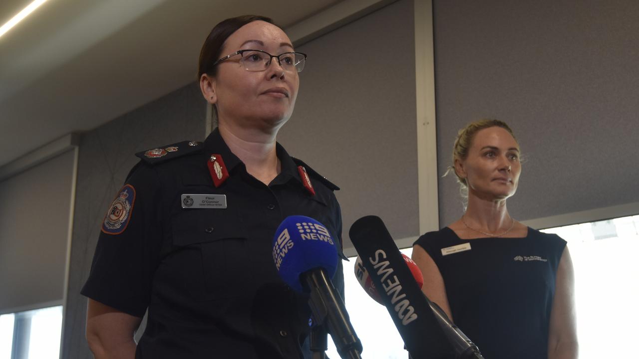 NT Emergency Service director Fleur O’Connor (left) and Shenagh Gamble (right) of the Bureau of Meteorology speak to media about the Territory's 2024 wet and summer season. Picture: Harry Brill.