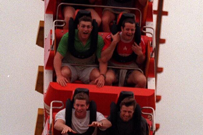 Cronulla football team at Dreamworld trying out the Thunder Bolt ride... (Front to back): Mitch Healy, trainer, Richard Barnett, Craig Greenhill, trainer, Paul Green, Adam Dykes and Andrew Ettingshausen, Russell Richardson and Geoff Bell.