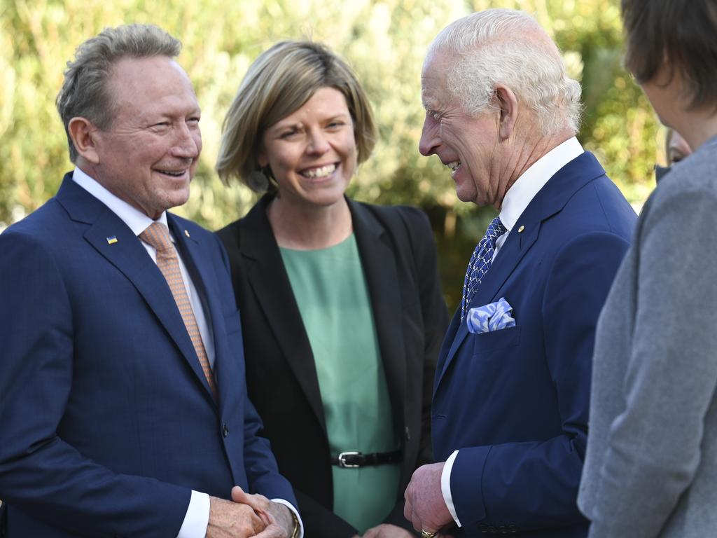 Andrew Forrest meets with King Charles III at the Australian National Botanic Gardens in Canberra. Picture: NewsWire / Martin Ollman